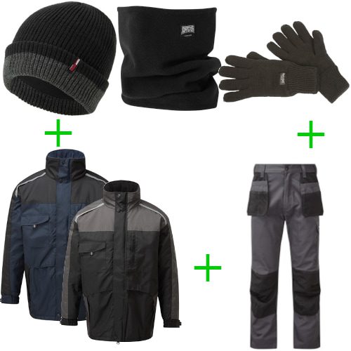 Tuffstuff jacket - work trousers - beanie - gloves - neck warmer